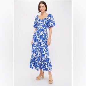 Blue Floral Puff-Sleeve Maxi Dress